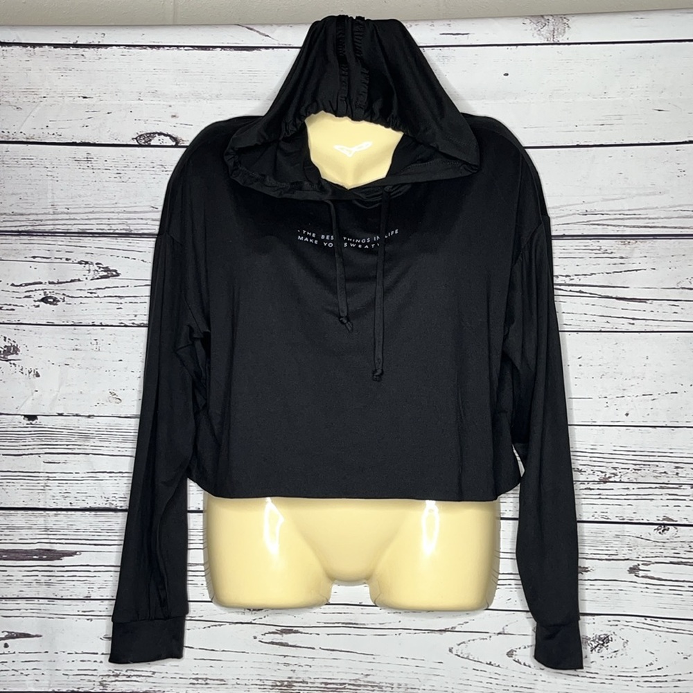 Lovers of hYOUmanity NWT Size M Black - Best Things Sweaty Crop Hooded Shirt Top